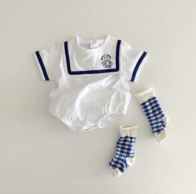 【BABY】夏新作 可愛い刺繍海軍襟ロンパースSK071803