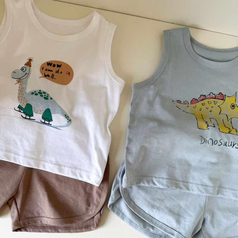 【BABY&KID】夏新作 英字と恐竜柄のノースリーブスーツSK063007