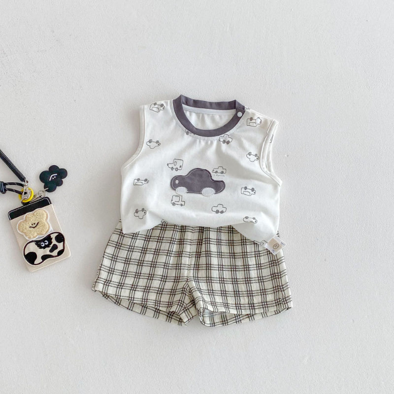 【BABY&KID】夏新作 車ロゴノースリーブ、チェックパンツSK080612