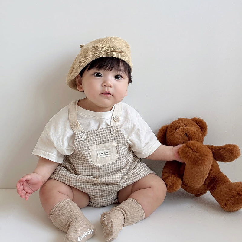 【BABY】夏新作 チェックサロペットロンパース&半袖TシャツSK010201