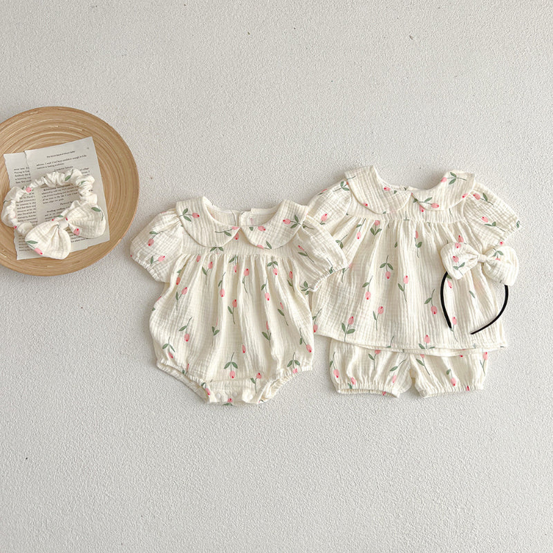 【姉妹服】夏新作 ガーゼチューリップロンパース、セットアップSK072514