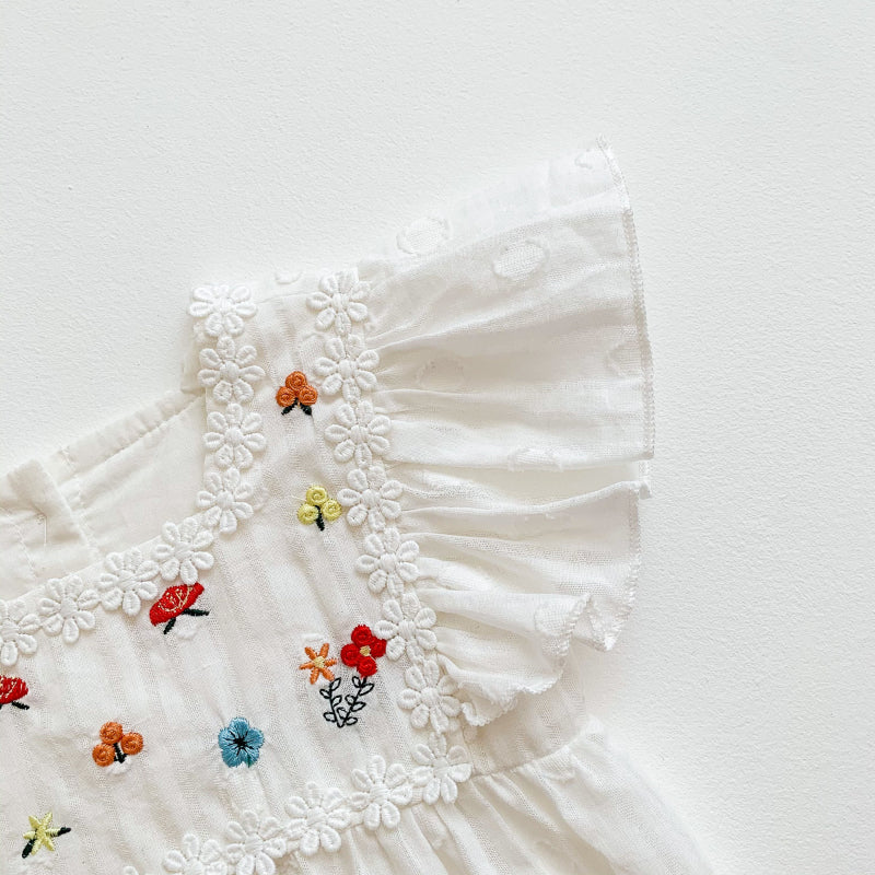 【BABY】夏新作 花刺繍スクエアネックロンパースSK090704