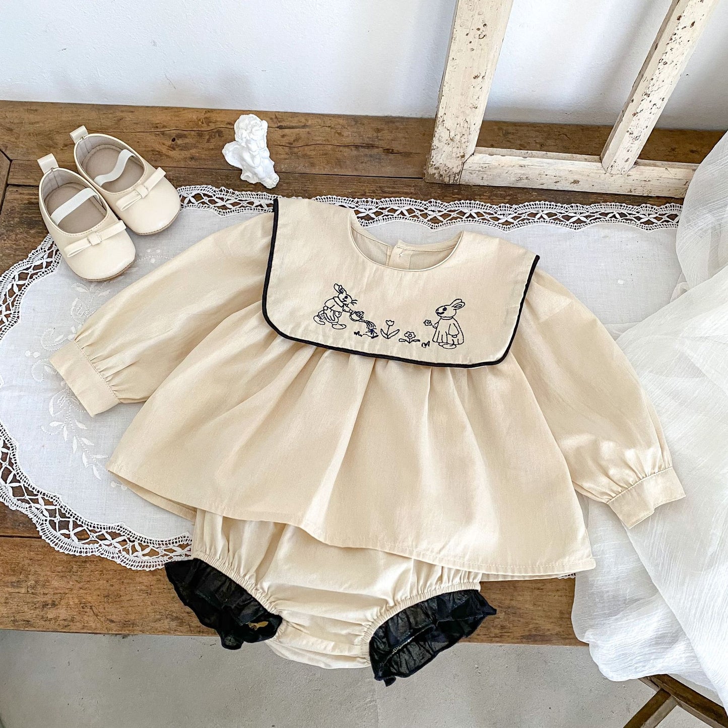 【BABY&KID】ウサギ刺繡襟トップス&ブルマSK031802
