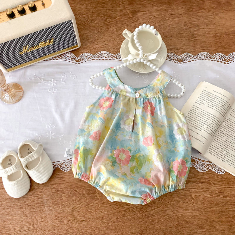 【BABY】夏新作 カラフルフラワーラウンドネックロンパースSK091920