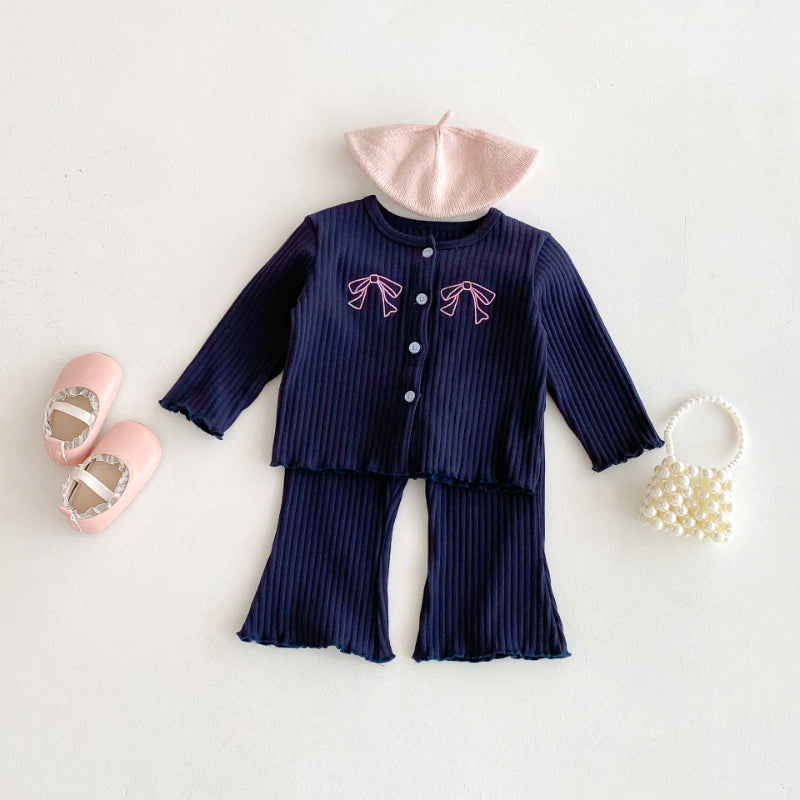 【BABY&KID】無地刺繍蝶結びリブセットアップSK092431