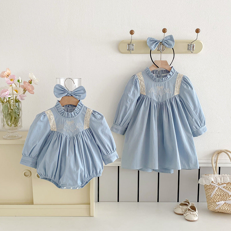 【姉妹服】フリル襟刺繍ロンパース、ワンピースSK101131