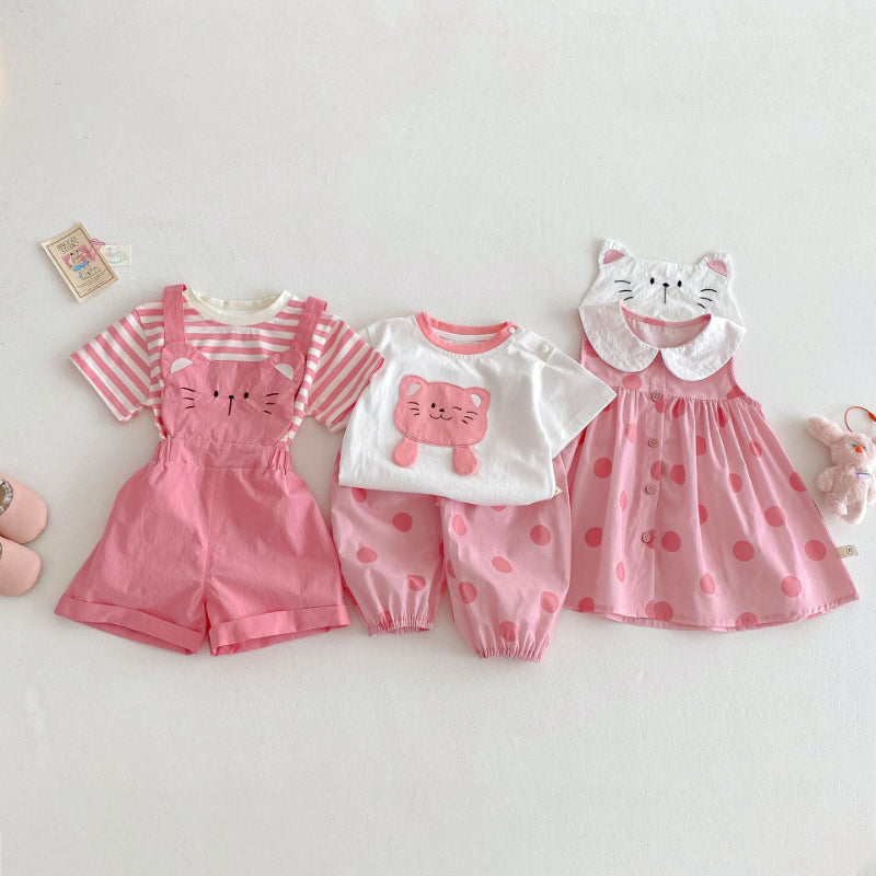 【BABY&KID】夏新作 ネコプリントTシャツ、ワンピ、サロペット、ドットパンツセットSKO71201