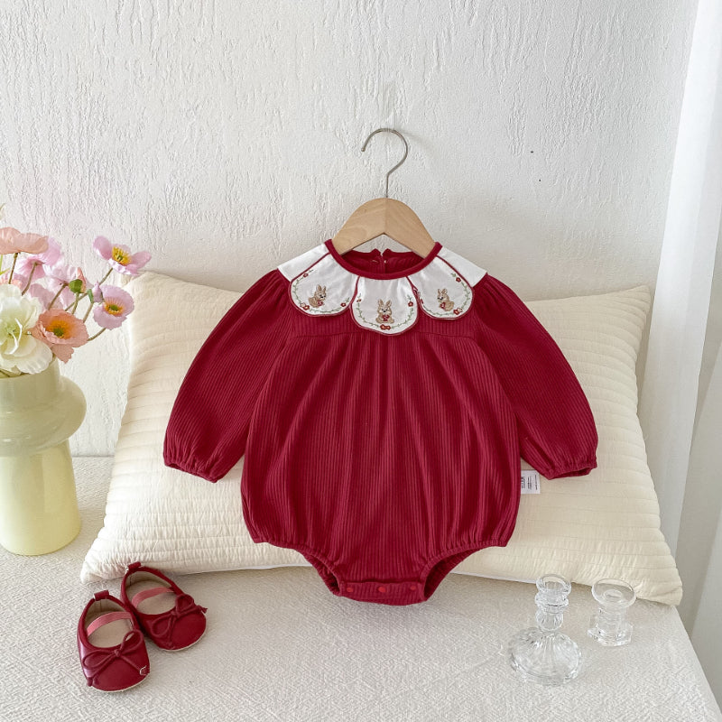 【BABY】小兔刺繍花びら襟ロンパースSK092801