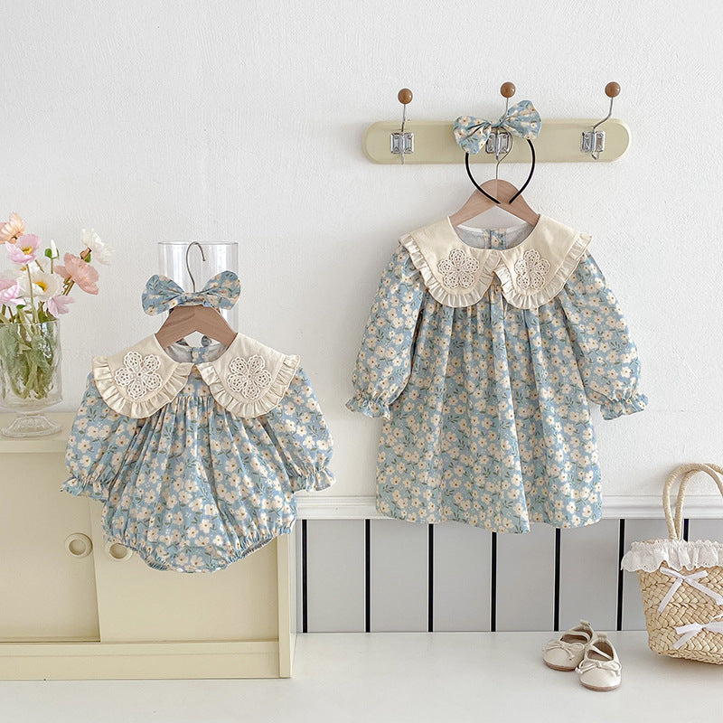 【姉妹服】花刺繍襟ロンパース、ワンピースSK101135