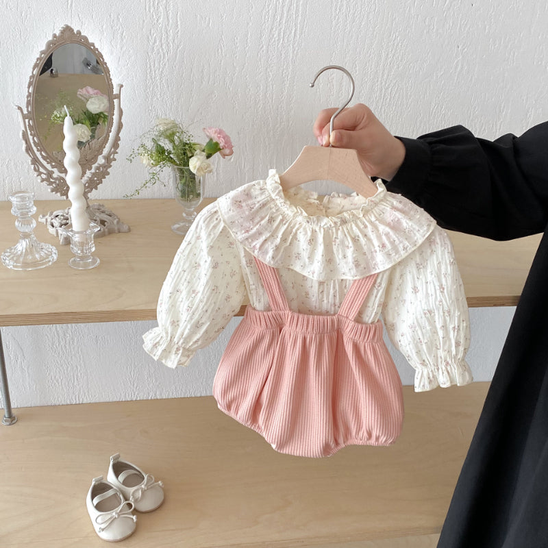 【BABY】フリルカラー花柄トップス&サロペットロンパースSK102417