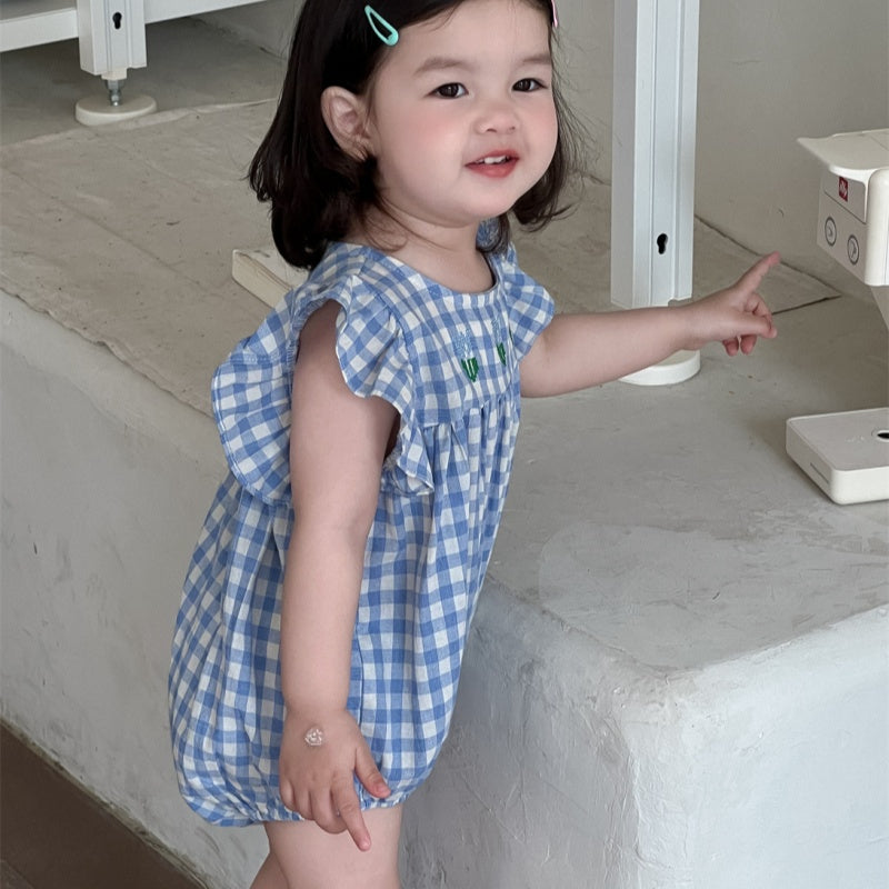 【BABY】夏新作 フラワー、チェック刺繍ロンパースSK082308