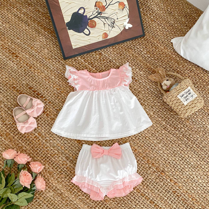 【BABY&KID】夏新作 バイカラーフリル袖トップス&ショートパンツSK081525