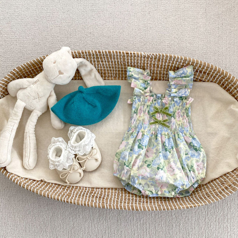 【姉妹服】夏新作 蝶結びフライングスリーブ花柄ロンパース、ワンピースSK072317
