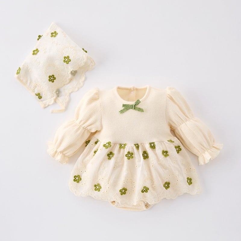 【BABY】グリーン花刺繡プリンセス風ロンパースSK051303