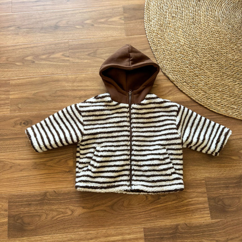 【BABY&KID】冬新作 フード付きボーダー裏起毛アウターSK102027