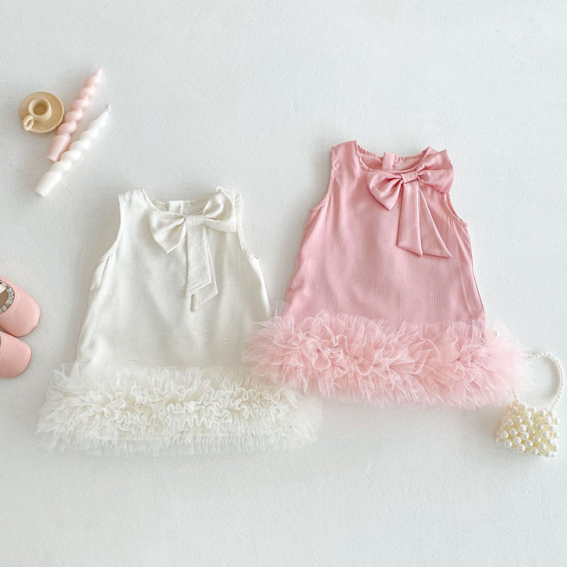 【BABY&KID】夏新作 リボン付きチュールワンカラーお姫様ワンピースSKO71206