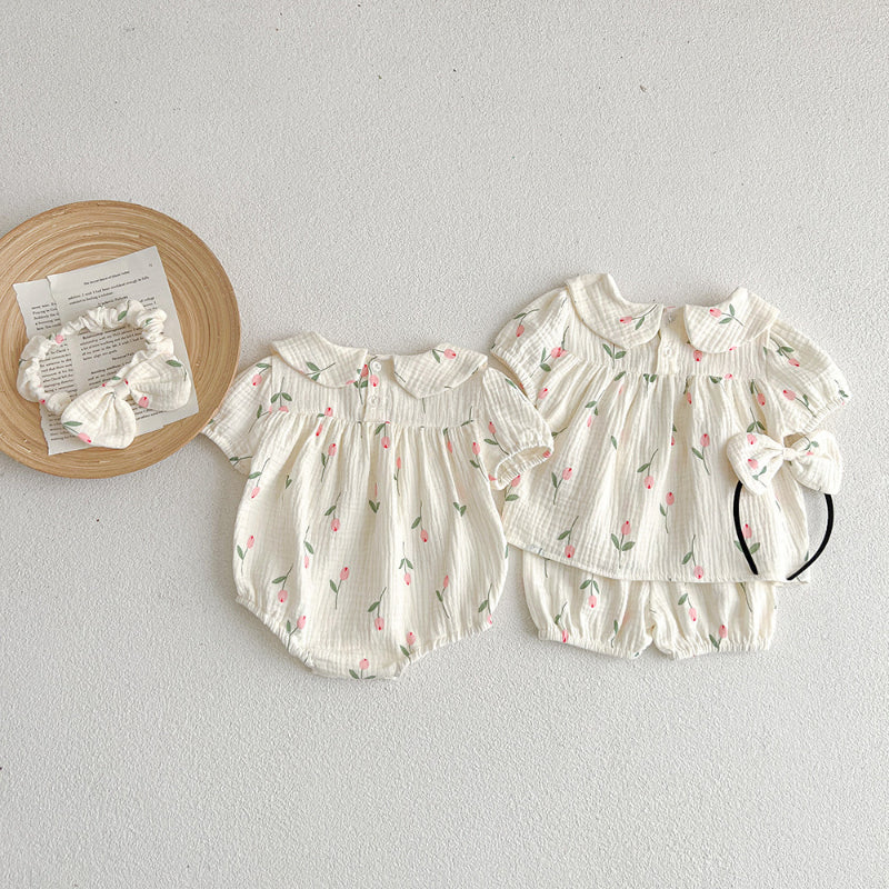 【姉妹服】夏新作 ガーゼチューリップロンパース、セットアップSK072514