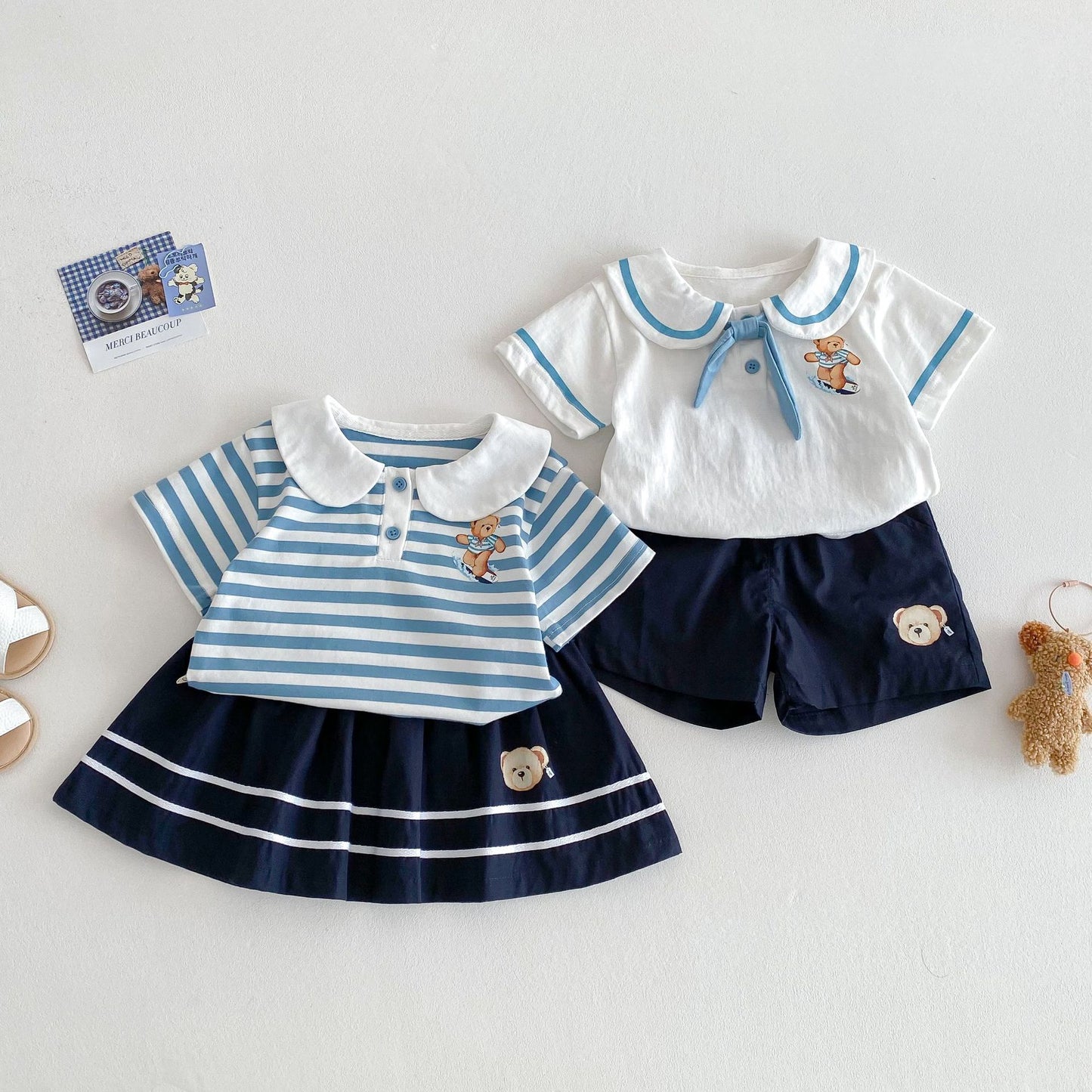 【BABY&KID】夏新作 クマ柄セーラー風セットアップSK061808