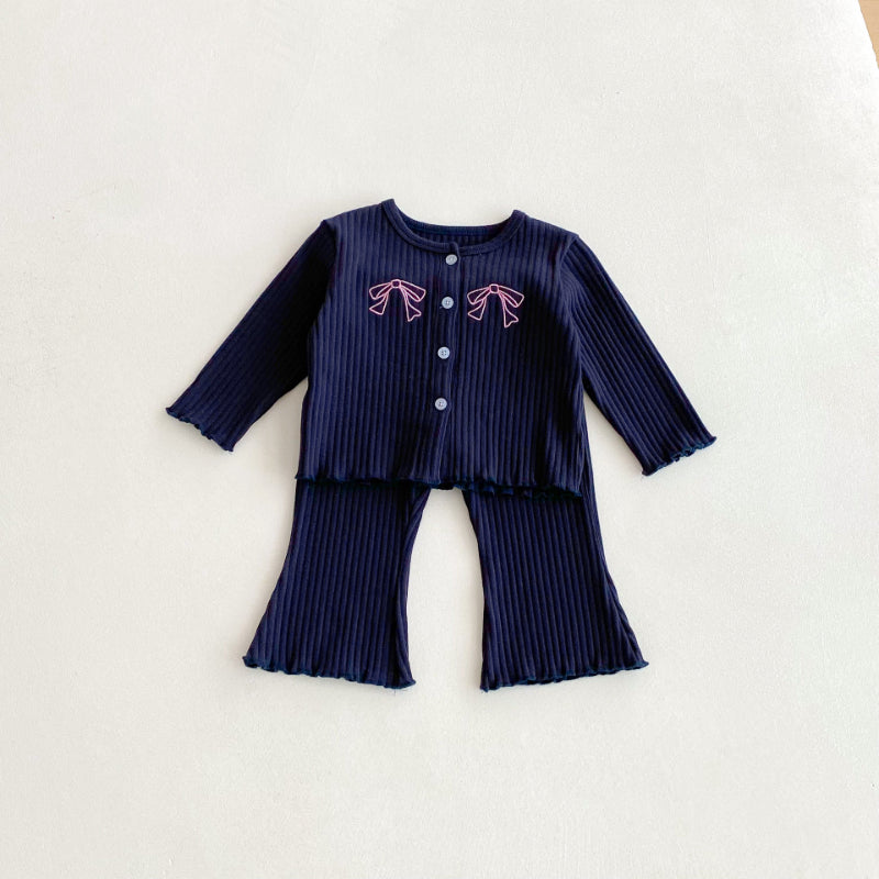 【BABY&KID】無地刺繍蝶結びリブセットアップSK092431