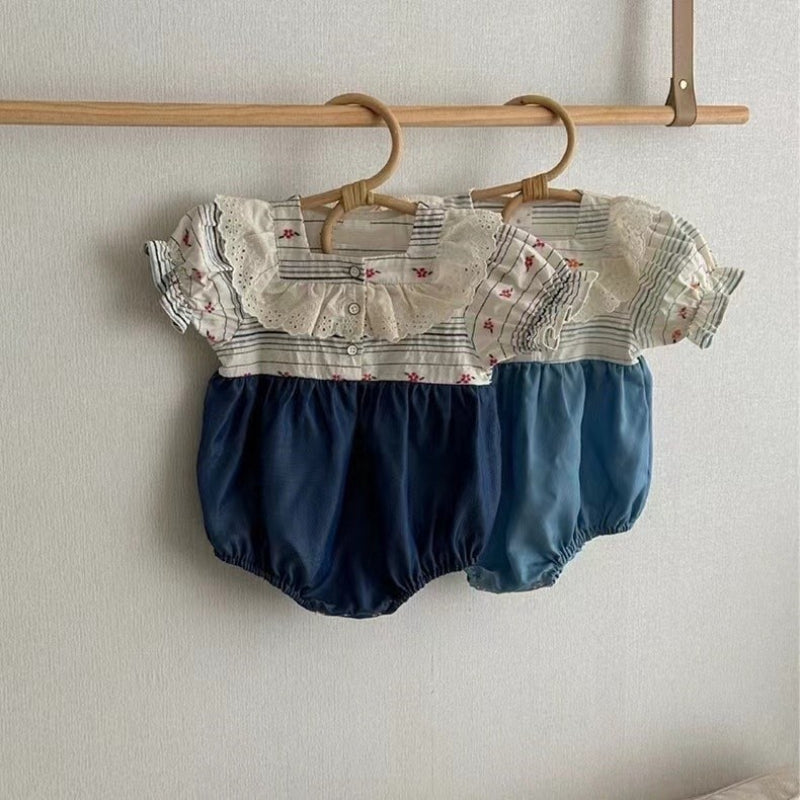 【BABY】夏新作 スクエアネック刺繍ロンパースSK091319