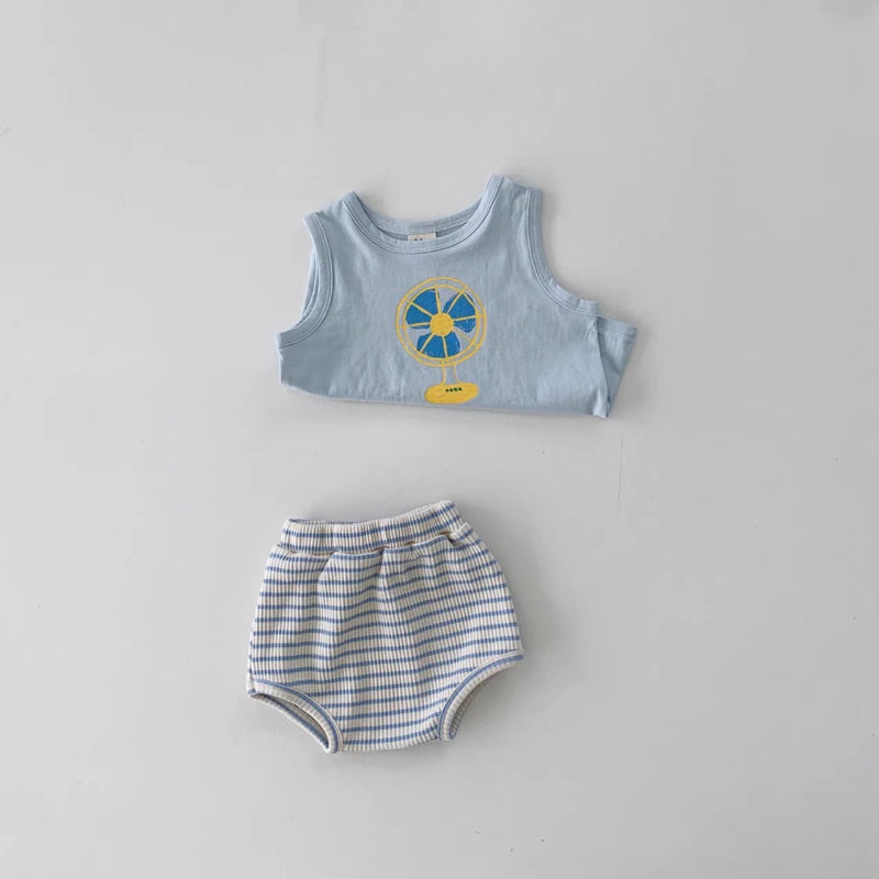 【BABY】夏新作 可愛いプリントベスト&ボーダーショートパンツSK010206