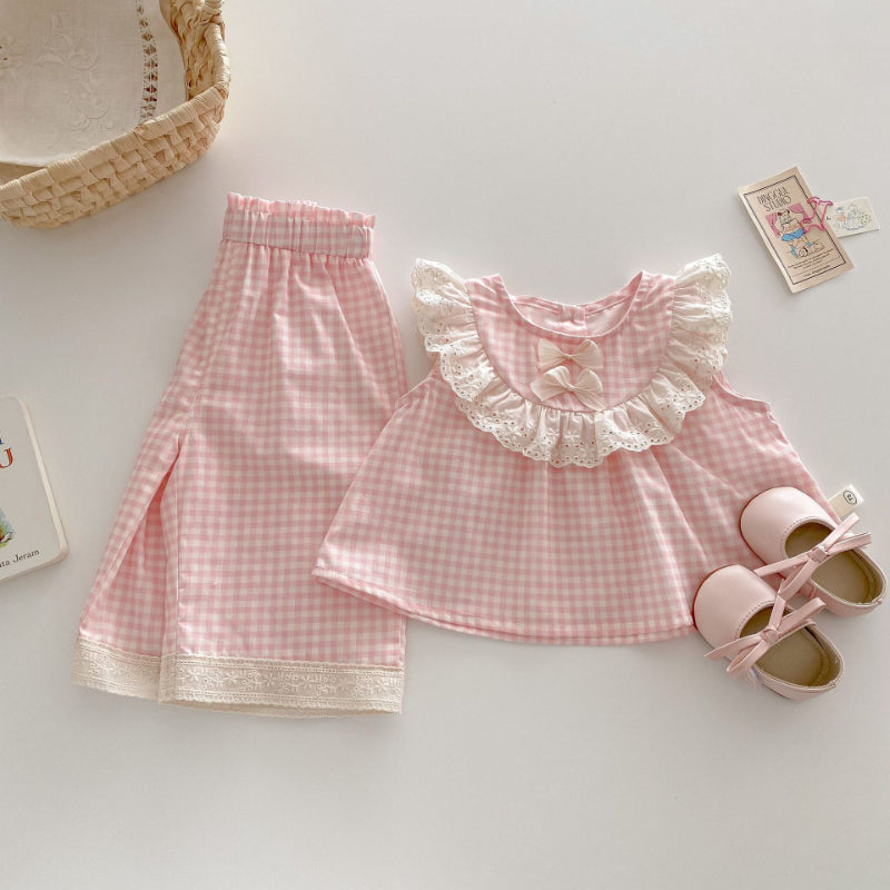 【BABY&KID】夏新作 リボンレースチェックトップス&パンツセットSK070207