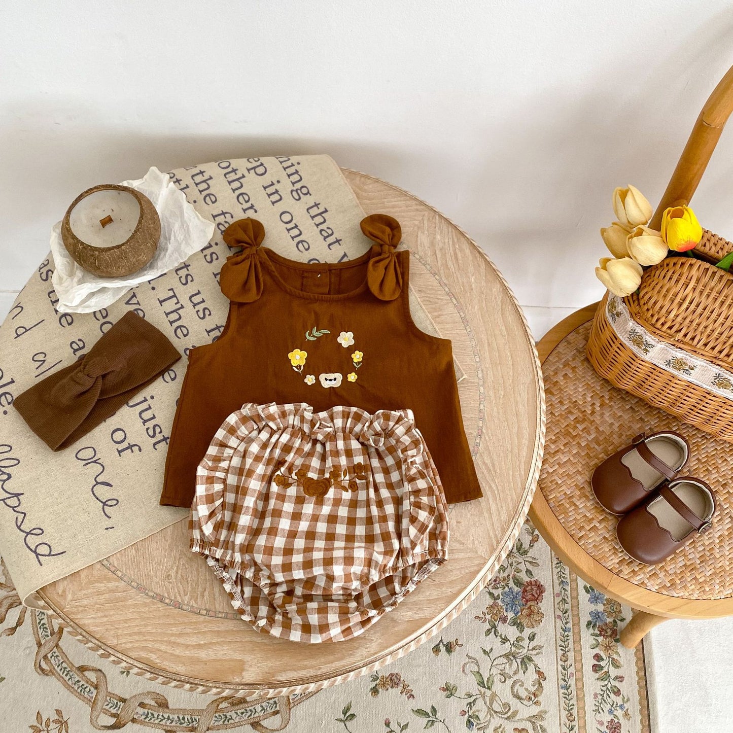 【BABY】夏新作 リボン刺繍ベスト&ショートパンツセットアップSK071608
