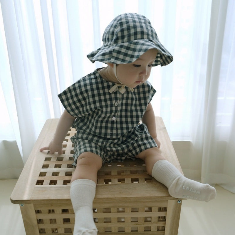 【BABY】夏新作 チェック、無地ロンパース&帽子SK071304