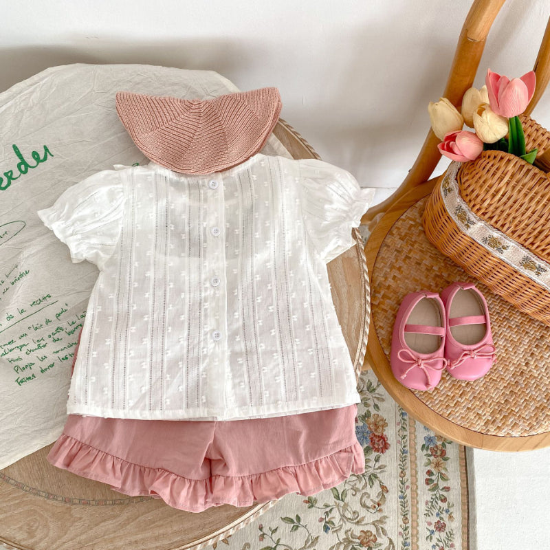【BABY】夏新作 刺繍入りパフスリーブトップス&フリルショートパンツセットアップSK071919