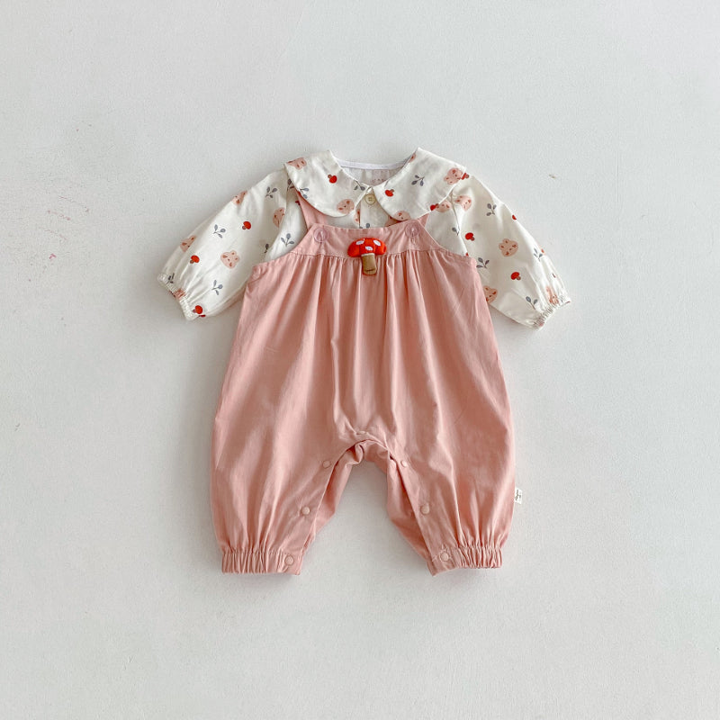 【BABY】小さな襟シャツ&きのこサロペット2点セットSK092302