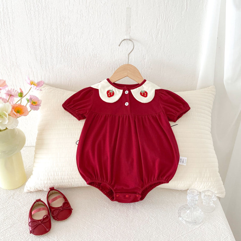 【BABY】夏新作 いちご刺繍パフスリーブロンパースSK092203
