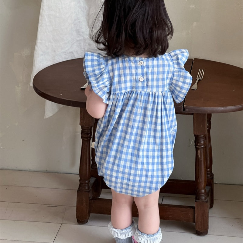 【BABY】夏新作 フラワー、チェック刺繍ロンパースSK082308