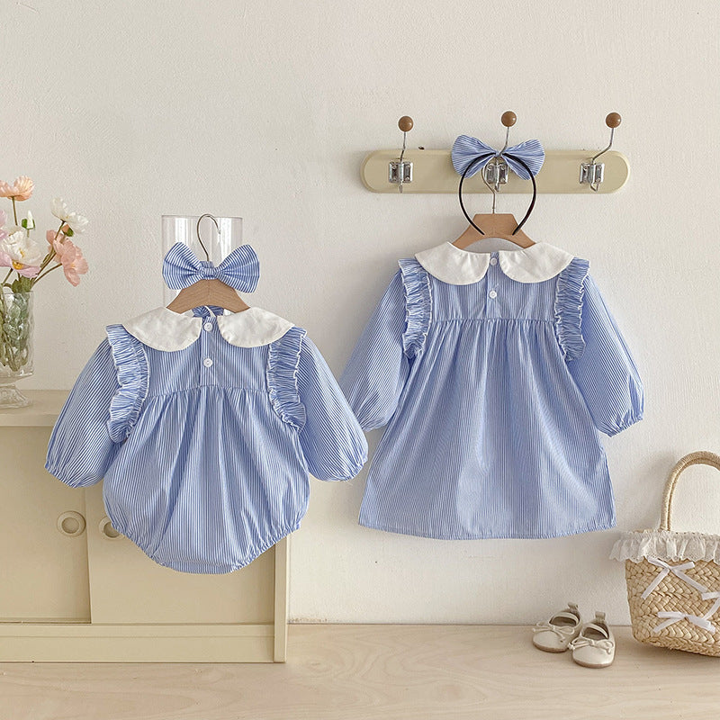 【姉妹服】ブルーストライプロンパース、ワンピースSK101113