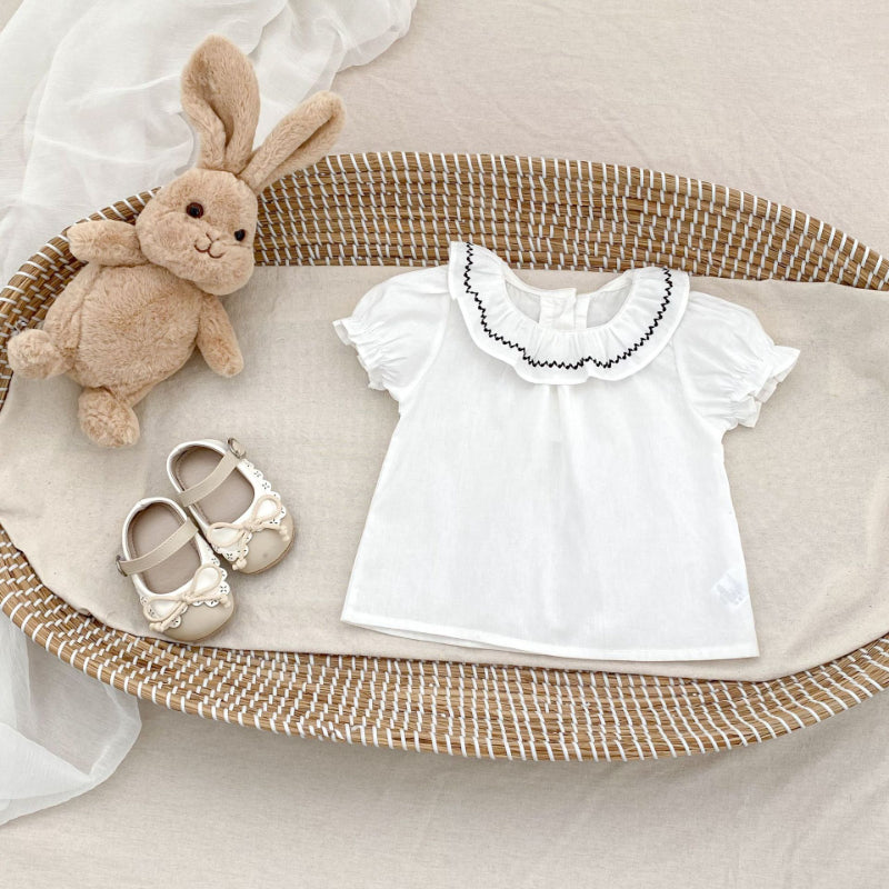 【BABY&KID】夏新作 刺繍フリル襟トップス&チェックショートパンツSK081524