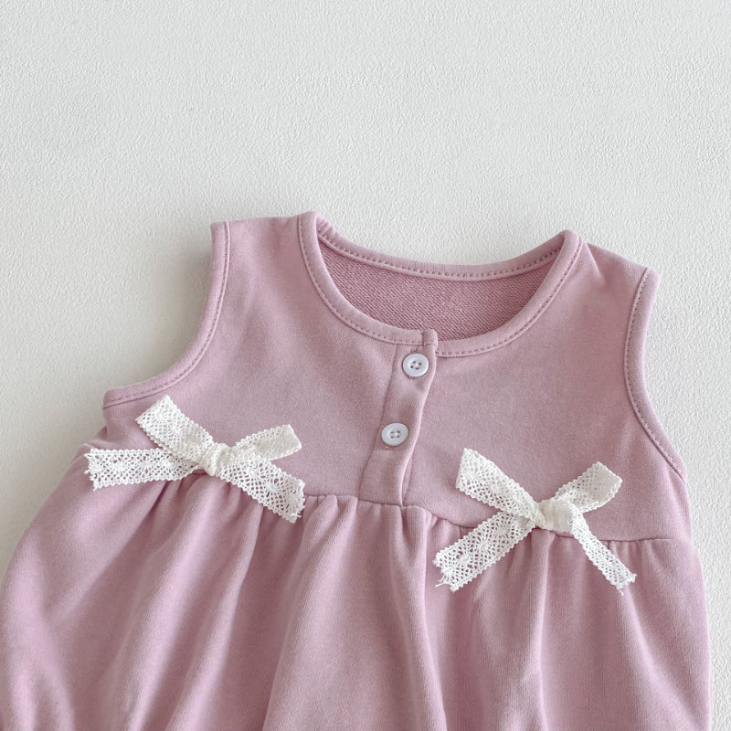 【BABY】リボンクルーネックロンパース、花刺繍カラーTシャツSK100741