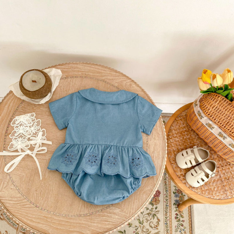 【BABY】夏新作 デニム刺繍トップス&ショーツセットアップSK071915
