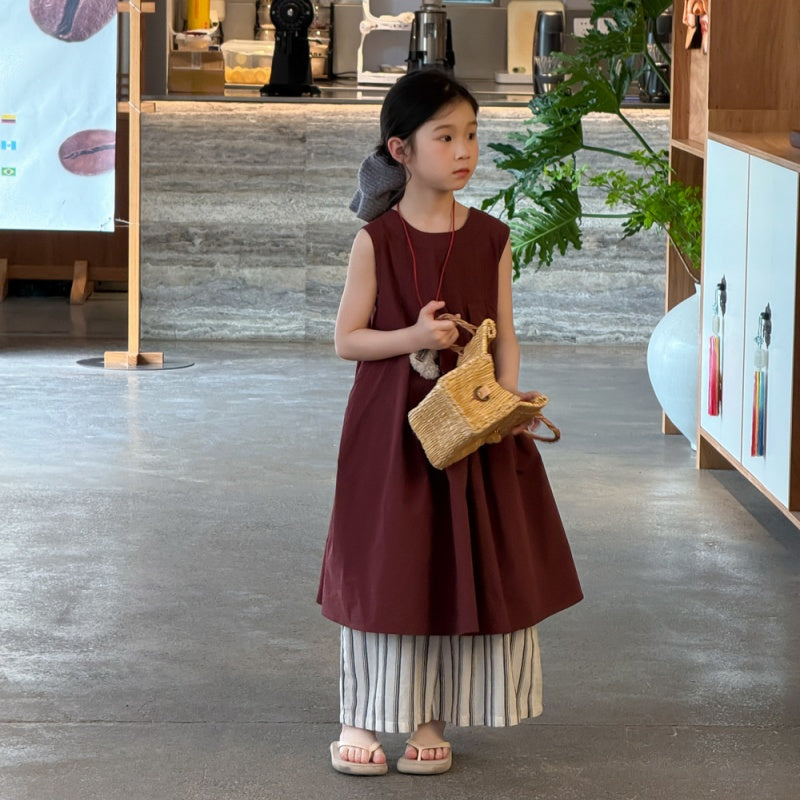【BABY&KID】夏新作 無地リボンノースリーブワンピース、ボーダーパンツSK080518