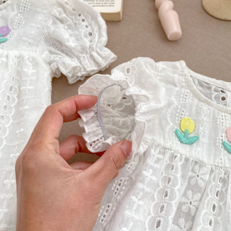 【BABY&KID】夏新作 チューリップレース刺繍ロンパース、ワンピースSK071934