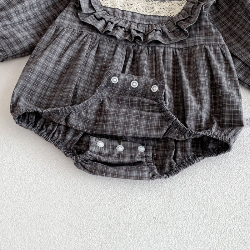 【BABY】レトロチェックレースロンパースSK100705