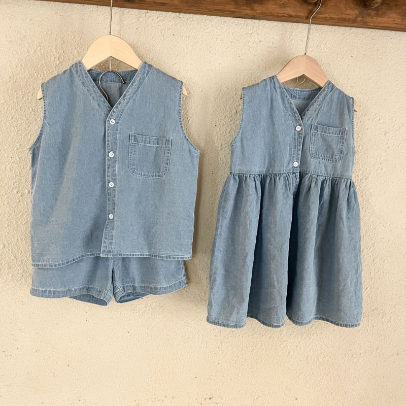 【BABY&KID】夏新作 Vネックデニムセット、ワンピースSK063012