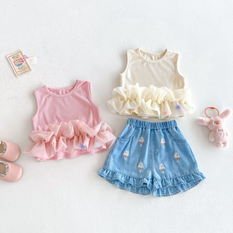 【BABY&KID】夏新作 スイートノースリーブトップス、デニムパンツSK080616