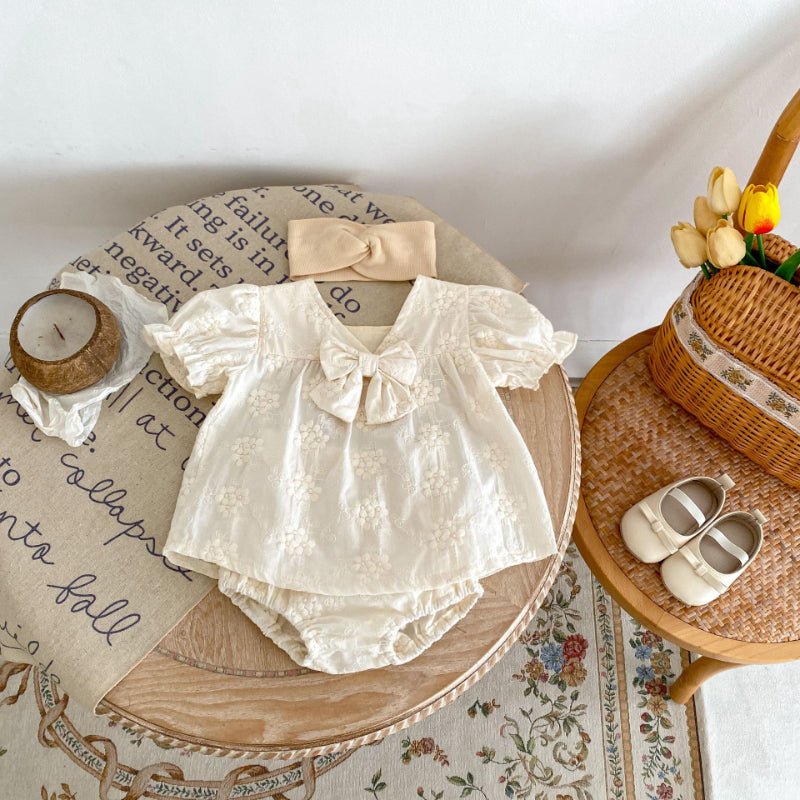 【BABY】夏新作 刺繍トップス&リボンショートパンツセットアップSK071913