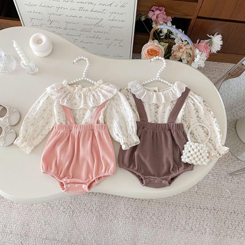 【BABY】フリルカラー花柄トップス&サロペットロンパースSK102417