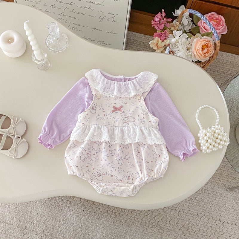 【BABY】レース襟Tシャツ&うさぎサロペットロンパースSK092303