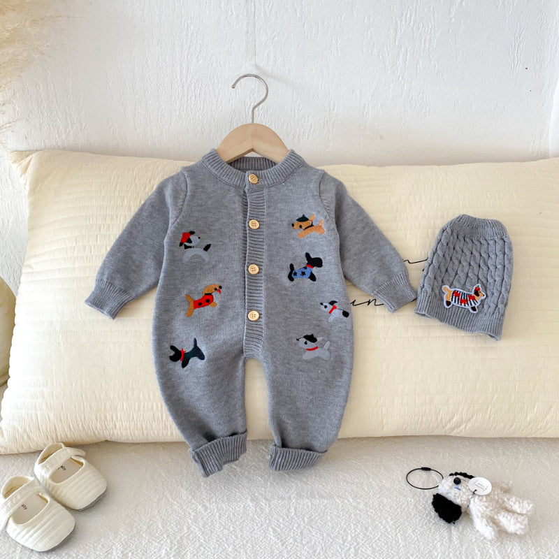 【BABY】ワンちゃん刺繍ニットカバーオール&帽子SK092505