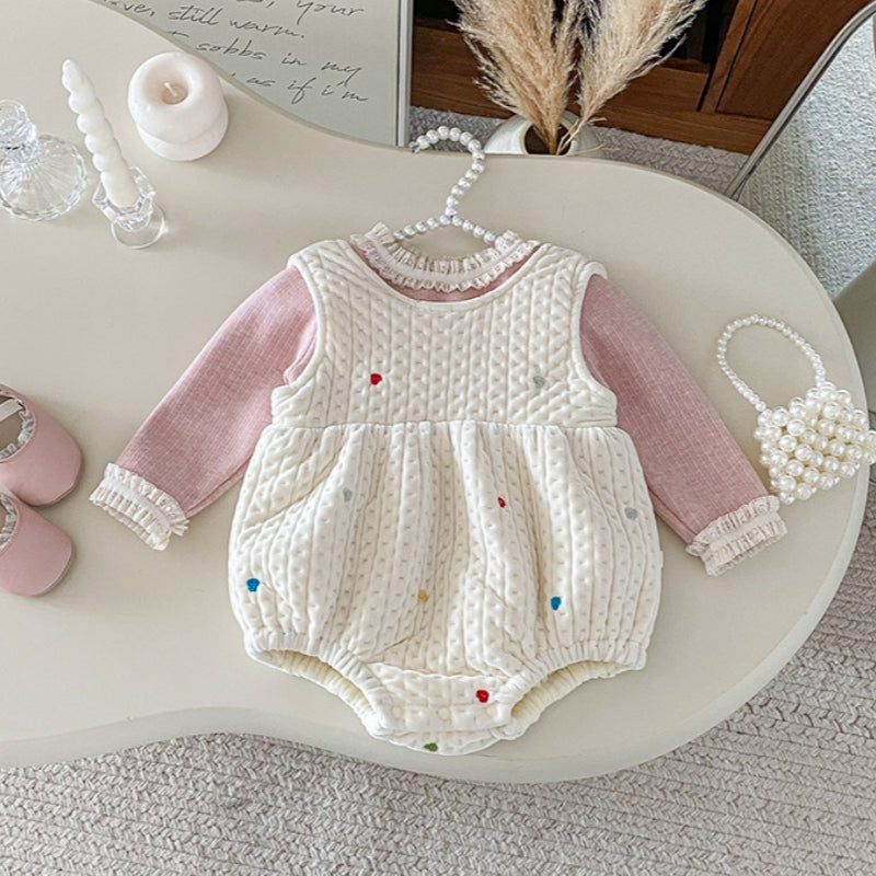 【BABY】冬新作カラフルハート裏起毛ロンパース、レースリブインナーSK102212