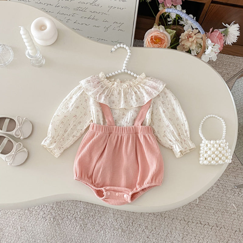 【BABY】フリルカラー花柄トップス&サロペットロンパースSK102417