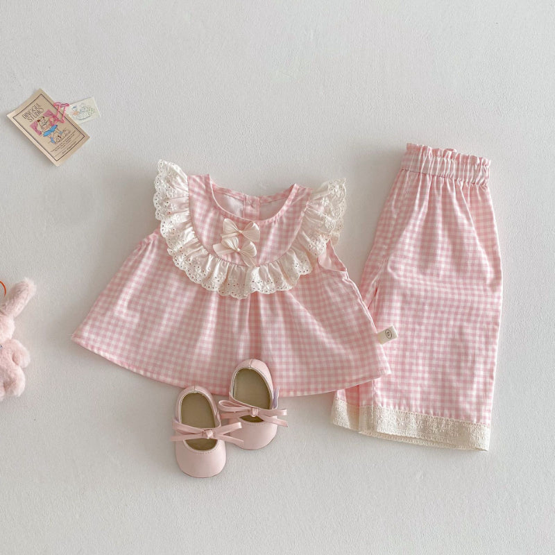 【BABY&KID】夏新作 リボンレースチェックトップス&パンツセットSK070207