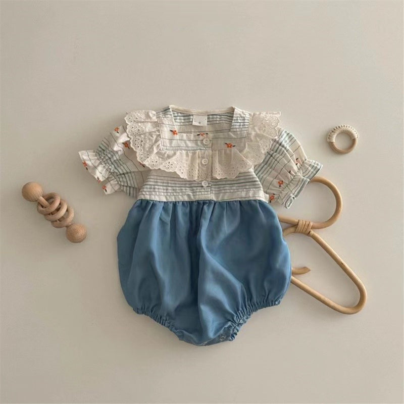 【BABY】夏新作 スクエアネック刺繍ロンパースSK091319