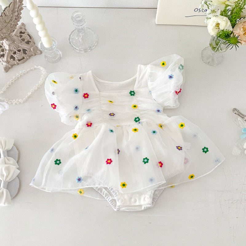 【BABY】夏新作 カラフル小花刺繍ロンパースワンピースSK091805